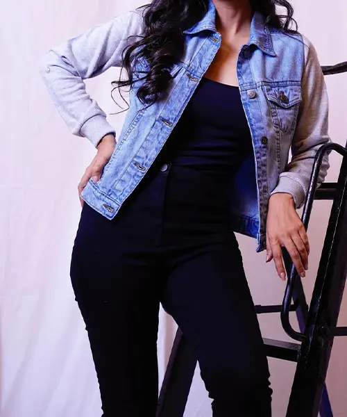 Denim jacket with long French Terry sleeves made in bulk under with private label services. Innovate Apparel